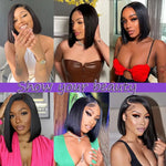 Black woman wearing Vinisay natural black straight bob glueless wig
