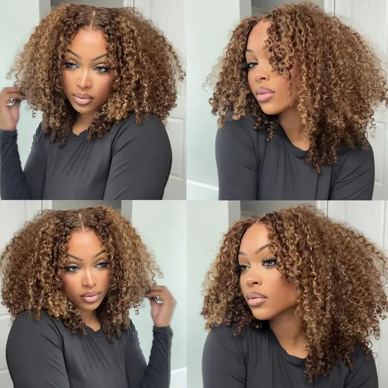 Black woman wearing Vinisay kinky curly wig P4/27 ombre honey brown