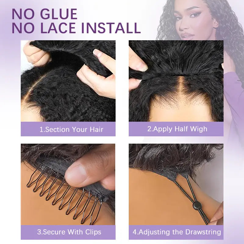 Glueless Burmese Curly Half Wig Human Hair Wear & Go No Glue Seamless Flip | Vinisay