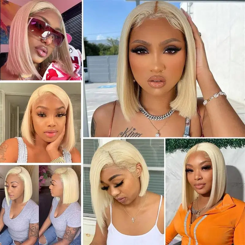  Black woman wearing Vinisay 613 blonde straight bob HD lace wig